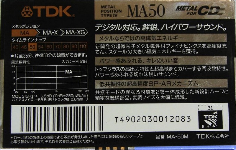 Compact Cassette TDK MA 50 "MA-50M" Type IV Metal 1990 Japan