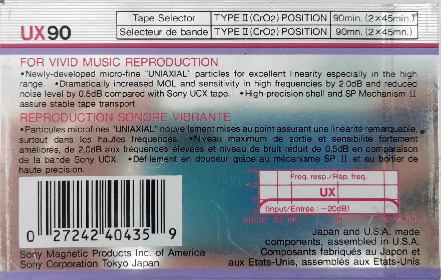 Compact Cassette Sony UX 90 Type II Chrome 1986 North America