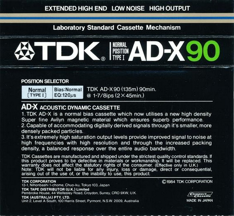 Compact Cassette TDK AD-X 90 Type I Normal 1984 Australia, Europe