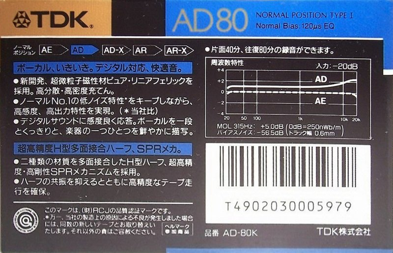 Compact Cassette TDK AD 80 "AD-80K" Type I Normal 1989 Japan