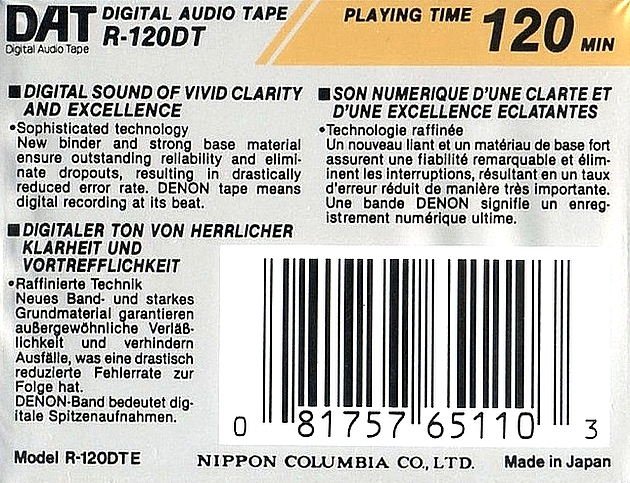 Digital Audio Tape Denon 120 "R-120DT E" Type IV Metal 1990 North America