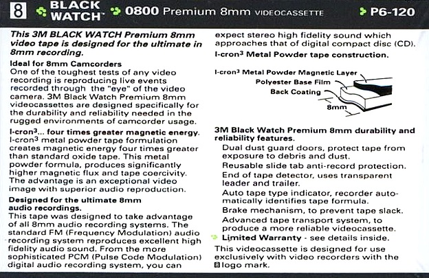 Video8, Hi8, Digital8 3M 120 "0800" Type I Normal 1992 North America