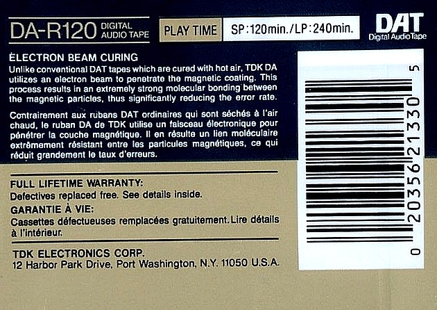 Digital Audio Tape TDK 120 "DA-R120" Type IV Metal 1992 North America