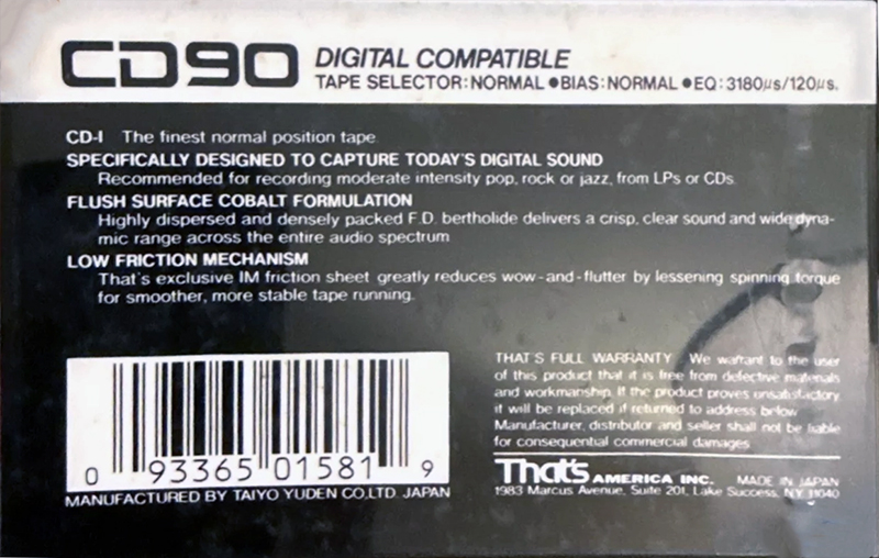 Compact Cassette Thats CD 90 "CD-I" Type I Normal 1987 USA