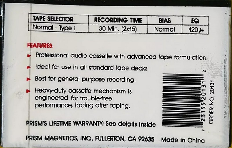 Compact Cassette Prism CX 30 "Order No. 20131" Type I Normal 1990 USA