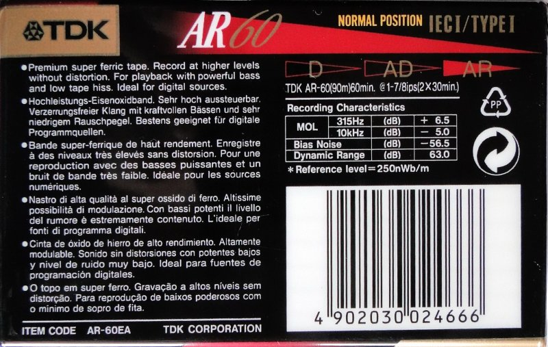 Compact Cassette TDK AR 60 "AR-60EA" Type I Normal 1995 Europe