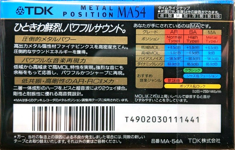 Compact Cassette TDK MA 54 "MA-54A" Type IV Metal 1993 Japan