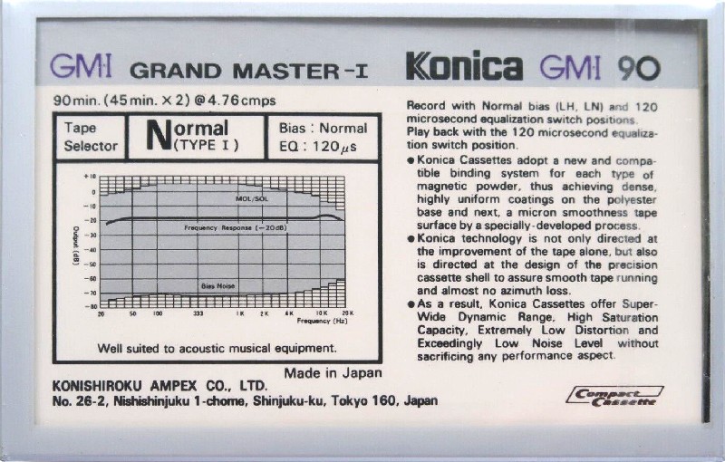 Compact Cassette Konica GM-I 90 "Grand Master I" Type I Normal 1984 USA