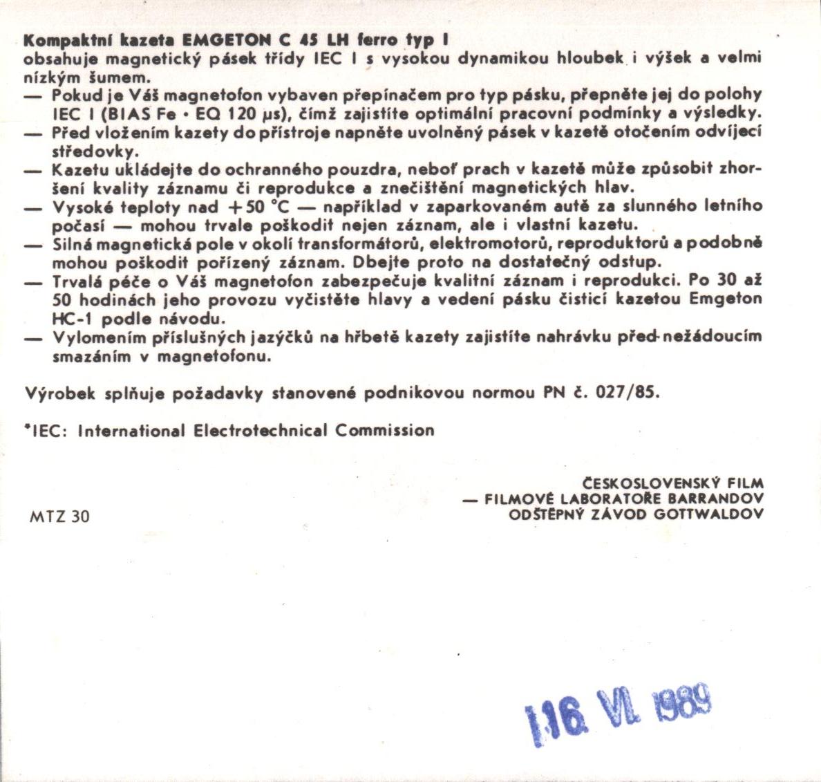 Compact Cassette Emgeton LH 45 Type I Normal 1989 Czechoslovakia