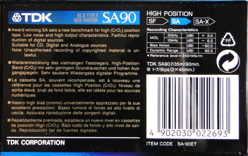Compact Cassette TDK SA 90 "SA-90ET" Type II Chrome 1992 Europe