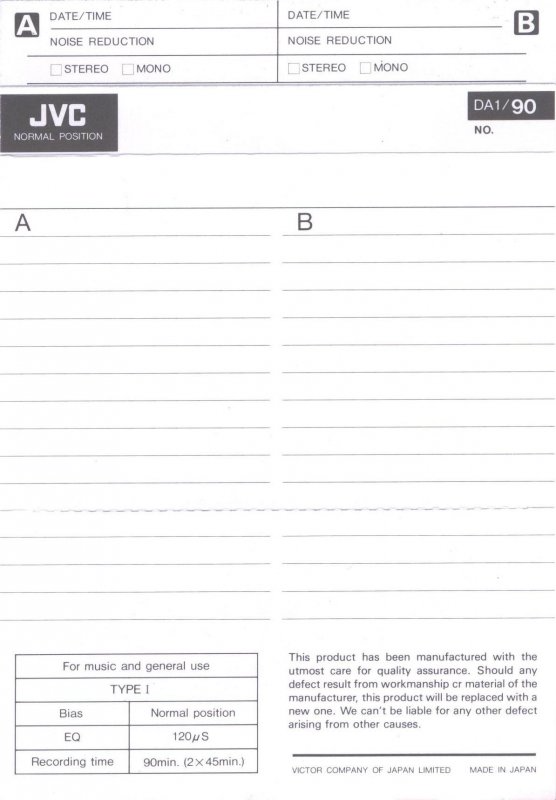 Compact Cassette JVC Dynarec DA1 90 Type I Normal 1983 Worldwide