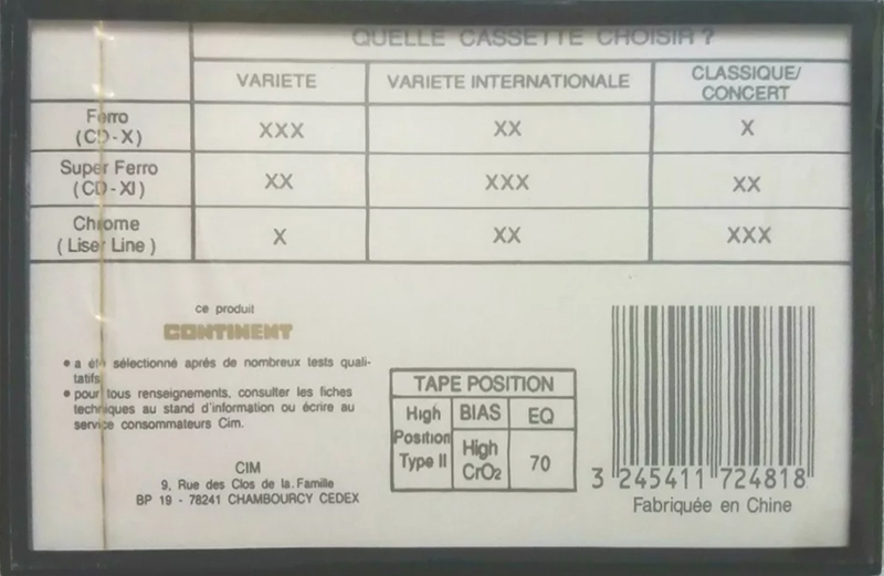 Compact Cassette Continent 90 "Laser Line" Type II Chrome France