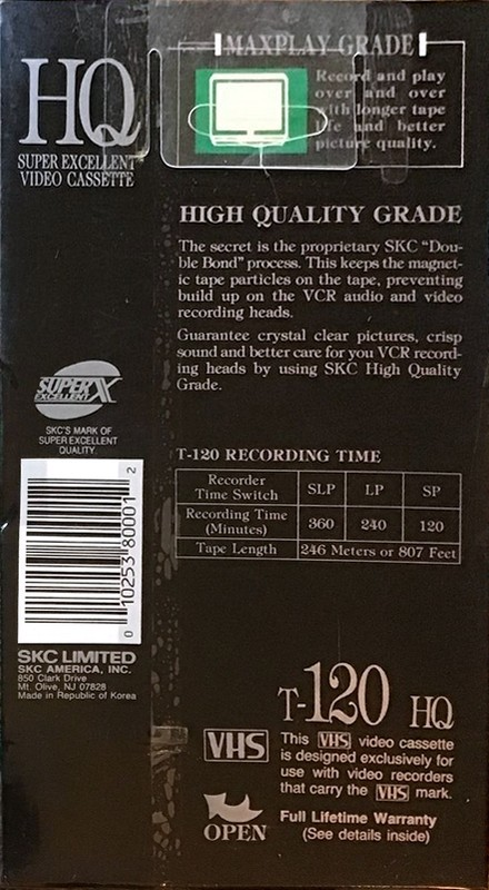 VHS, Video Home System SKC HQ 120 Type I Normal 1993 USA
