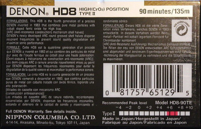 Compact Cassette Denon HD8 90 "HD8-90TE" Type II Chrome 1992 Worldwide