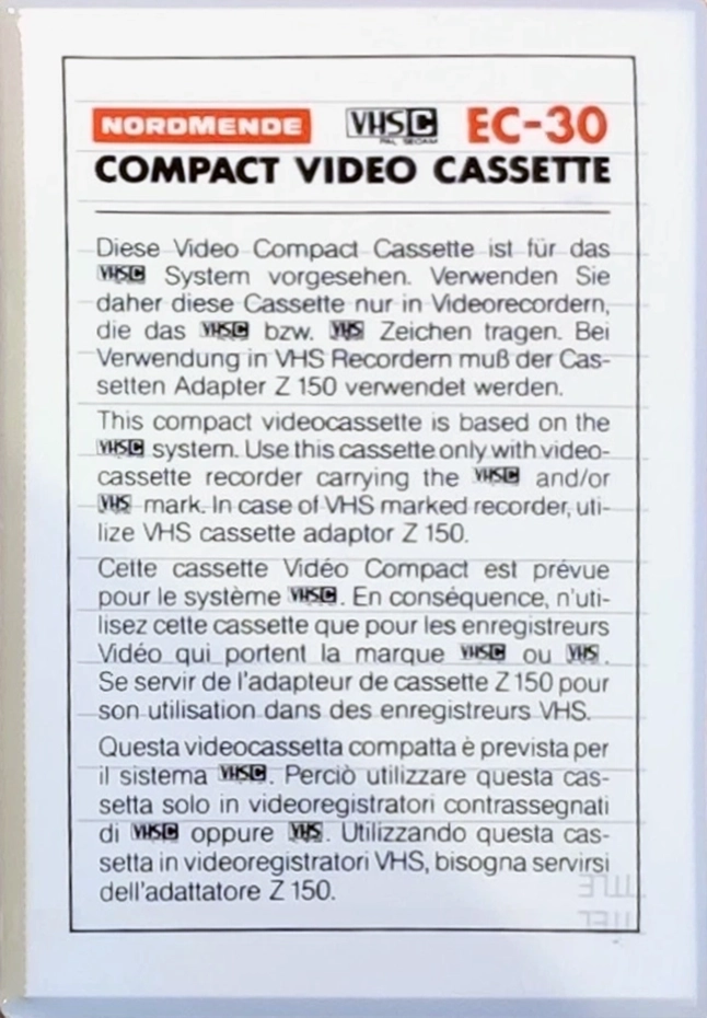 VHS-C (VHS Compact) Nordmende 30 Type I Normal 1983 Europe