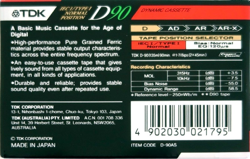 Compact Cassette TDK D 90 "D-90ES" Type I Normal 1991 Australia
