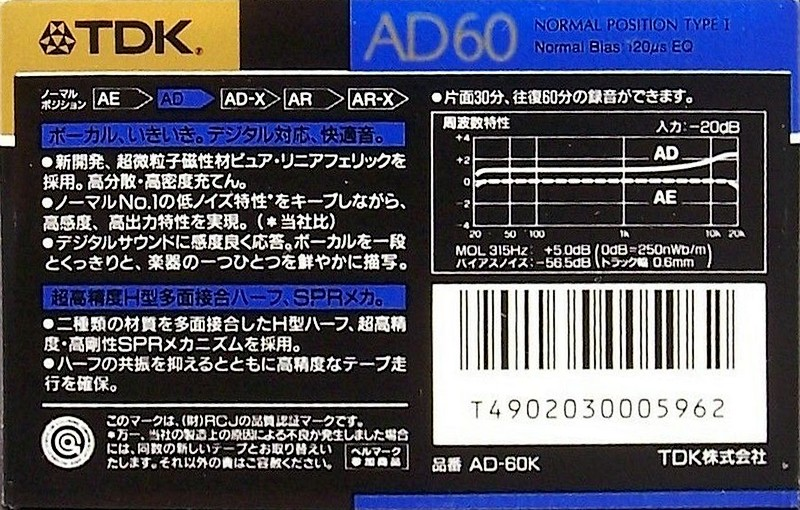 Compact Cassette TDK AD 60 "AD-60K" Type I Normal 1989 Japan