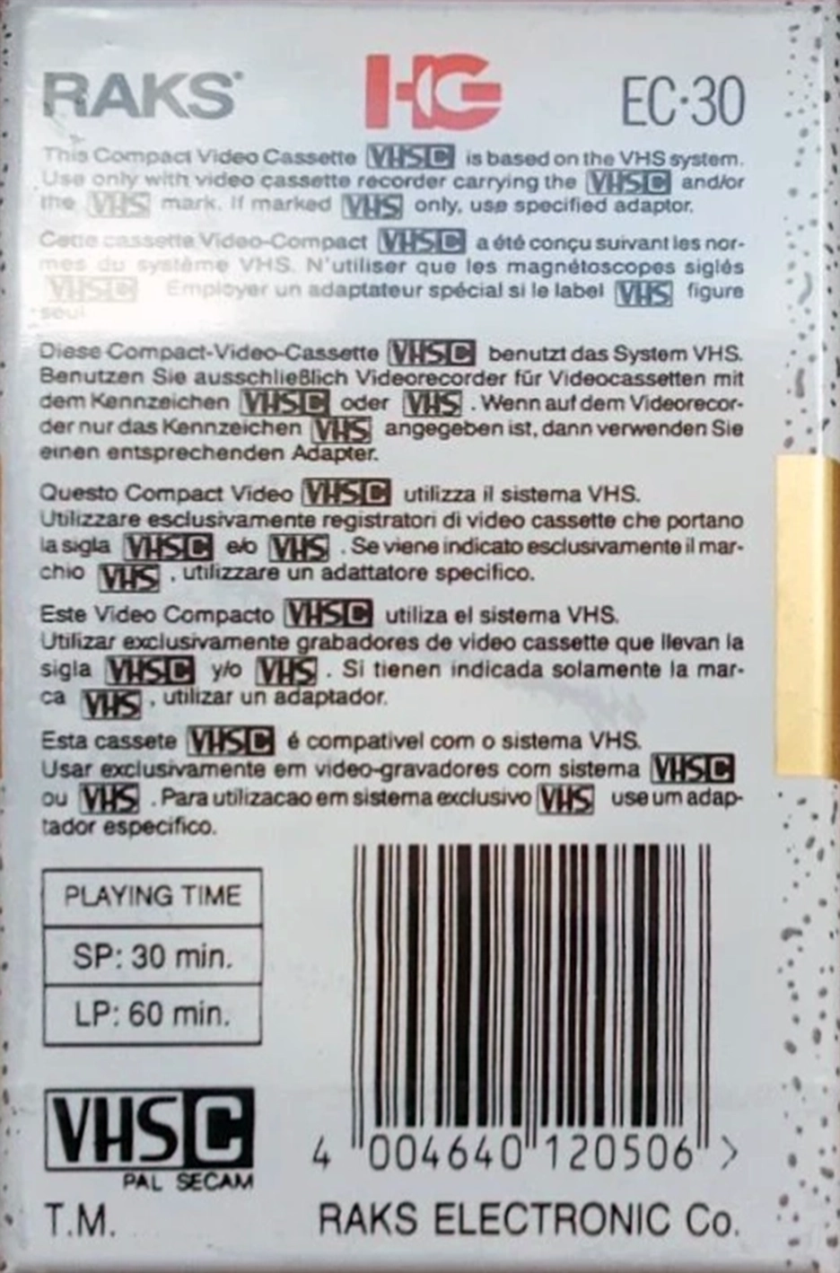 VHS-C (VHS Compact) RAKS 30 "HG" Type I Normal Europe