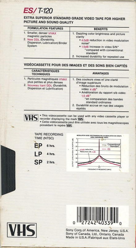 VHS, Video Home System Sony ES 120 Type I Normal 1986 North America