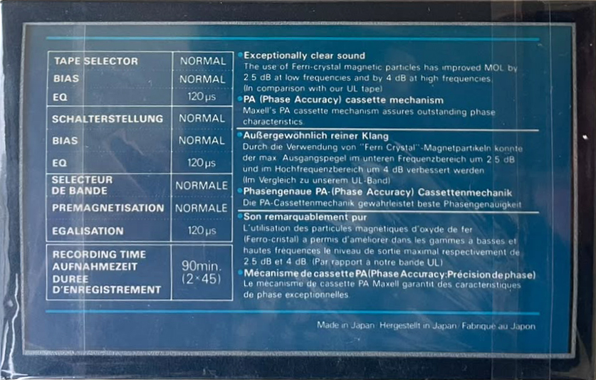 Compact Cassette Maxell UDI / UD1 90 Type I Normal 1984 Europe