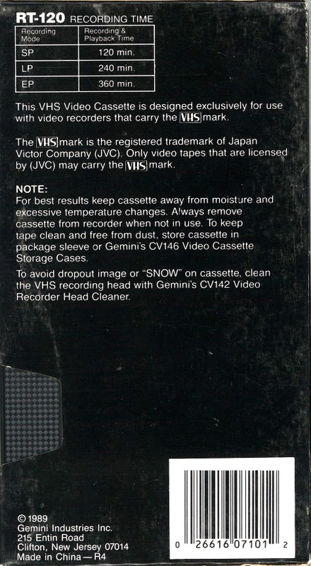 VHS, Video Home System Gemini 120 "RT" Type I Normal 1989 USA