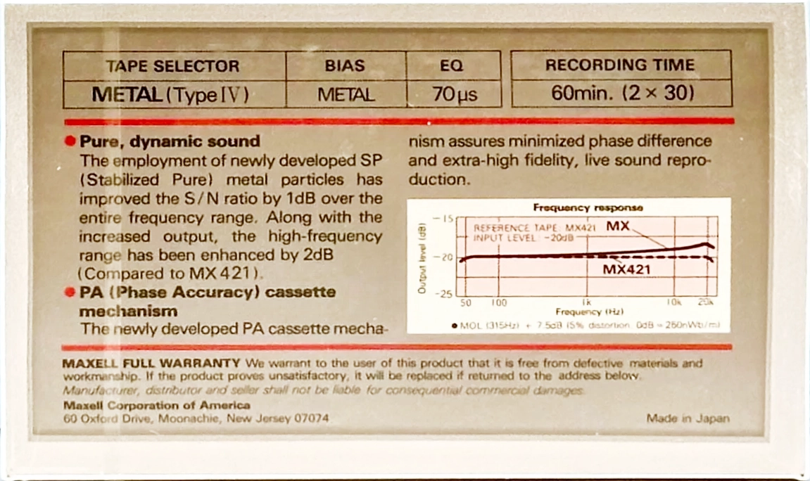 Compact Cassette Maxell MX 60 Type IV Metal 1982 USA