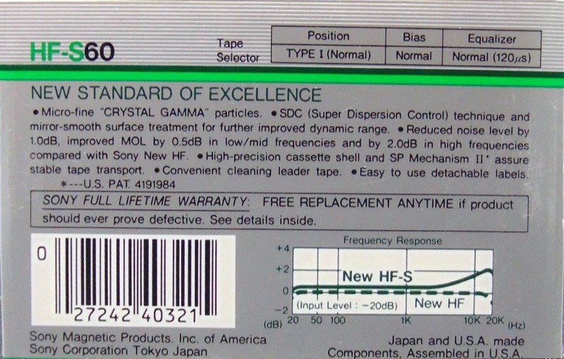 Compact Cassette Sony HF-S 60 Type I Normal 1986 USA