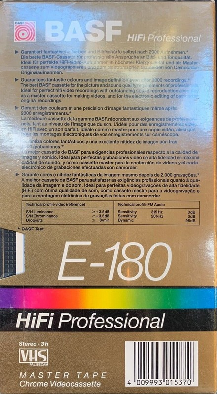 VHS, Video Home System BASF HiFi Professional 180 Type II Chrome 1992 Europe