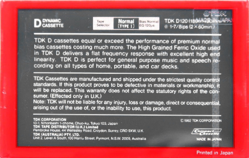 Compact Cassette TDK D 120 Type I Normal 1982 Australia, Europe