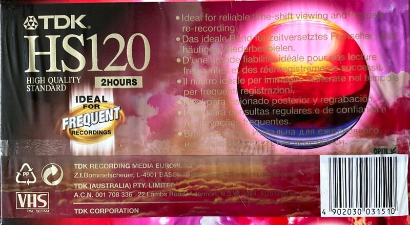 VHS, Video Home System TDK HS 120 Type I Normal Australia, Europe