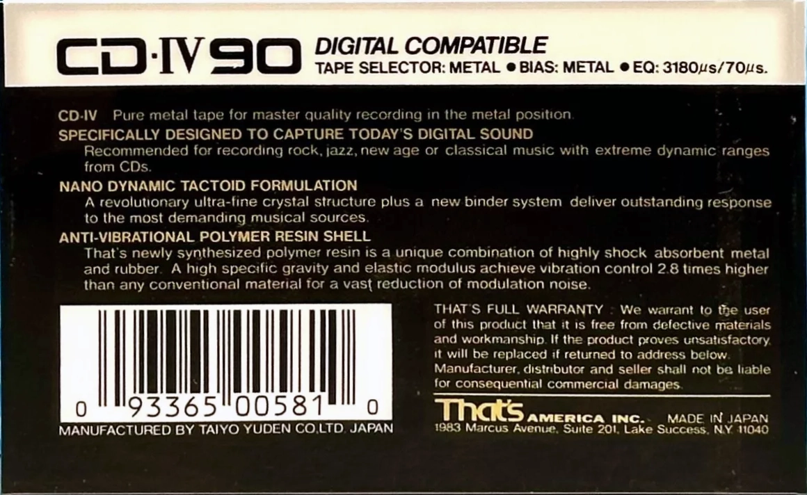 Compact Cassette Thats CD 90 "CD-IV" Type IV Metal 1987 USA