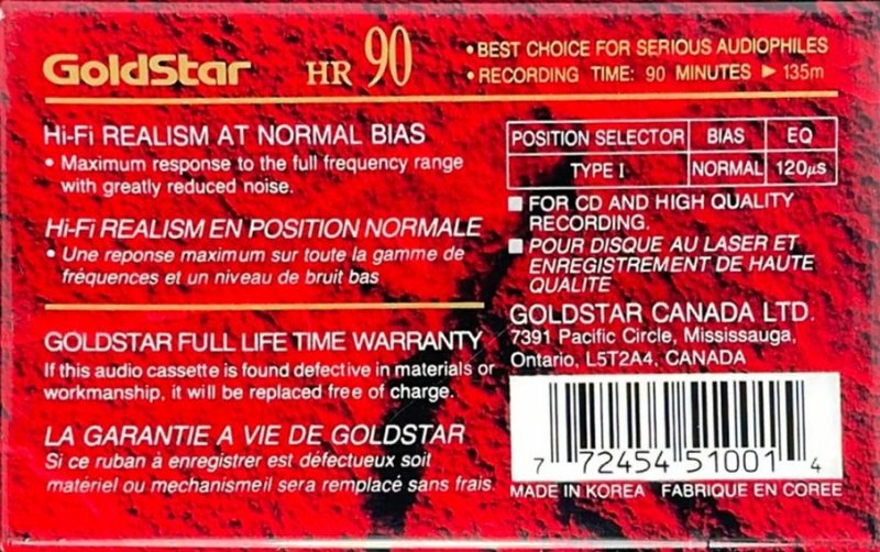 Compact Cassette Goldstar HR 90 Type I Normal 1990 Canada