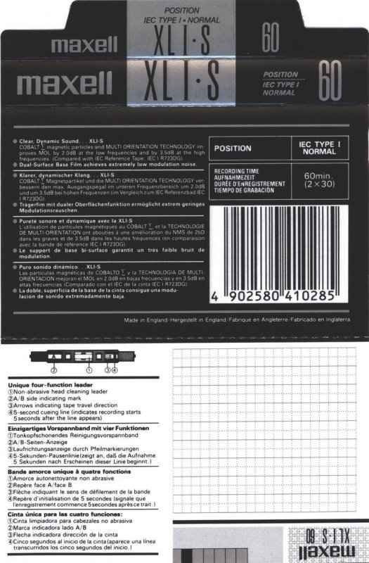 Compact Cassette Maxell XLI-S 60 Type I Normal 1991 Europe