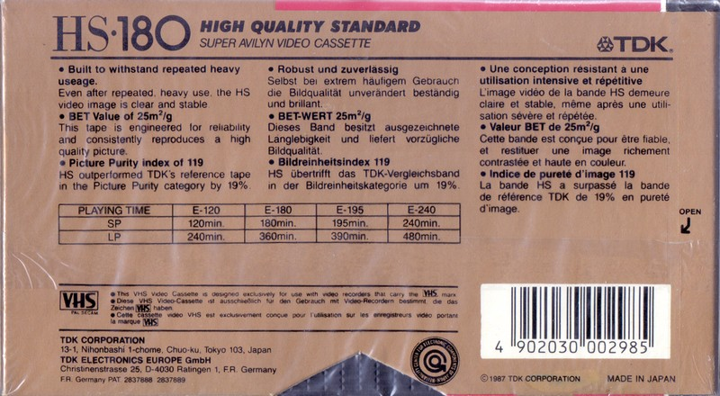 VHS, Video Home System TDK HS 180 Type II Chrome 1987 Europe