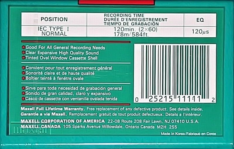 Compact Cassette Maxell UR 120 Type I Normal 1992 North America