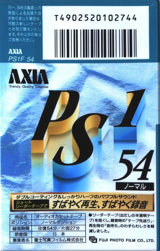 Compact Cassette AXIA PS-I / PS-1 54 "PS1F 54" Type I Normal 1993 Japan