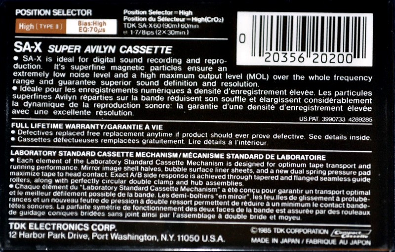 Compact Cassette TDK SA-X 60 Type II Chrome 1985 North America