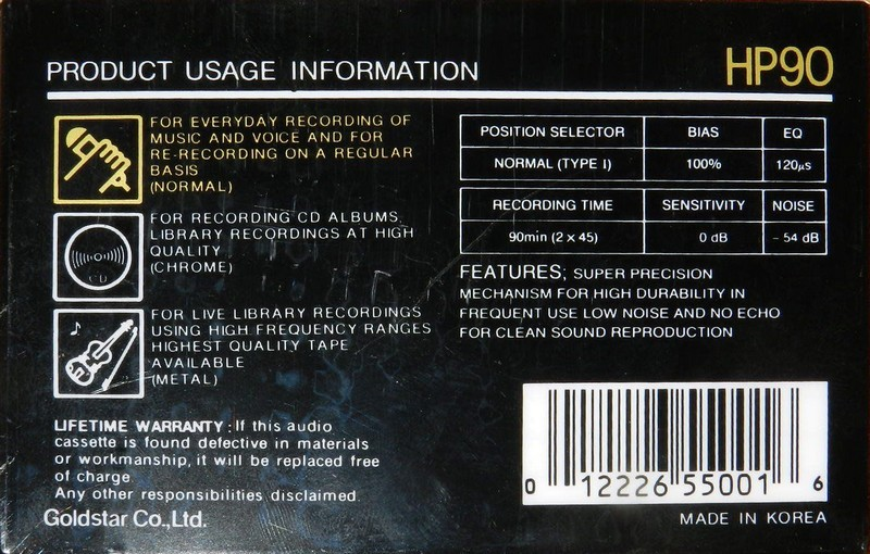 Compact Cassette Goldstar HP 90 Type I Normal 1990 USA