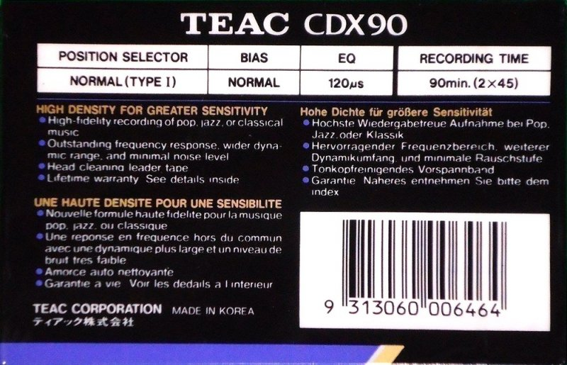 Compact Cassette Teac CDX 90 Type I Normal 1990 Europe