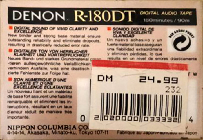 Digital Audio Tape Denon 180 "R-180DT W" Type IV Metal 1993 North America