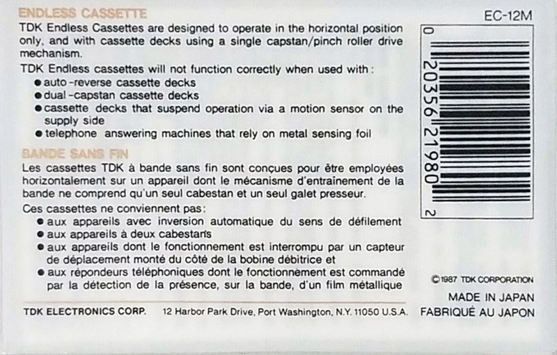 Compact Cassette TDK EC Endless 12 "EC-12M" Endless Cassette 1987 North America