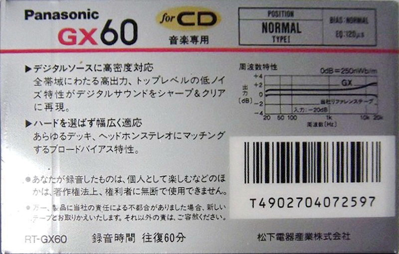 Compact Cassette Panasonic GX 60 "RT-GX60" Type I Normal 1989 Japan