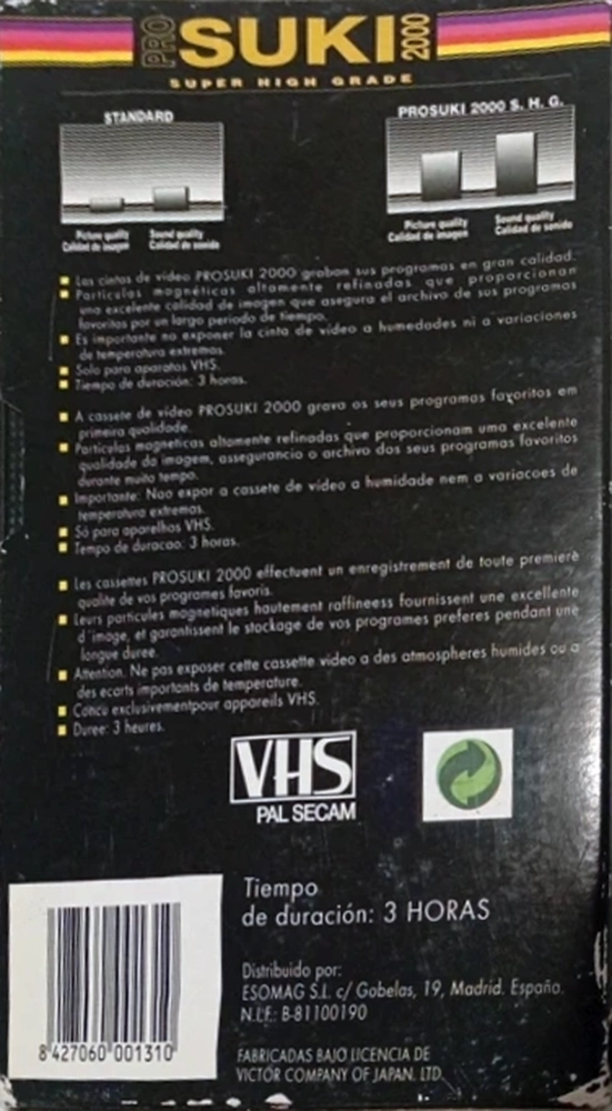 VHS, Video Home System PROSUKI 180 "2000" Type I Normal Spain