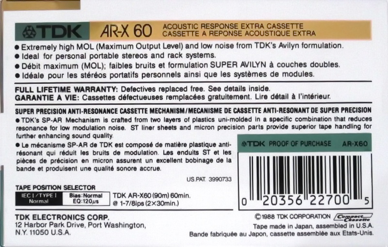 Compact Cassette TDK AR-X 60 "AR-X60" Type I Normal 1988 North America