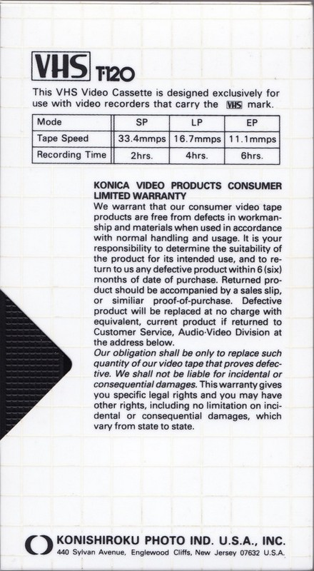 VHS, Video Home System Konica Super HG 120 Type I Normal USA