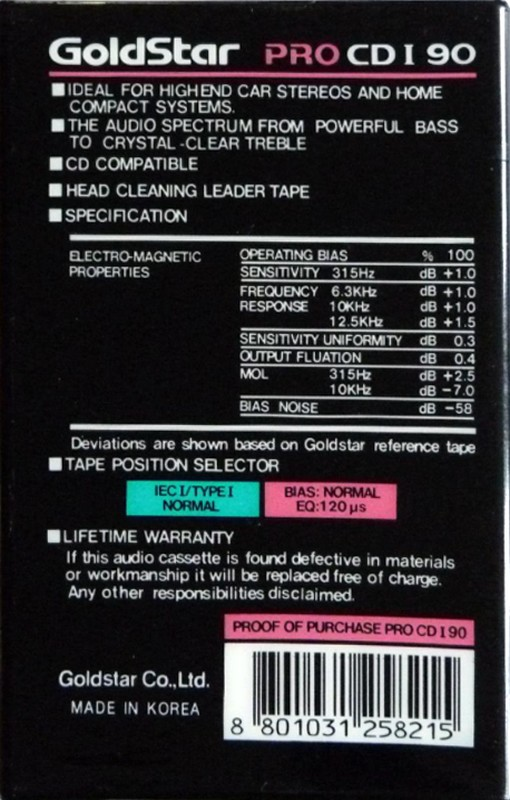 Compact Cassette Goldstar PRO CD 90 Type I Normal 1991 USA