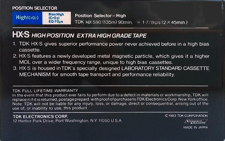 Compact Cassette TDK HX-S 90 Type II Chrome 1983 USA