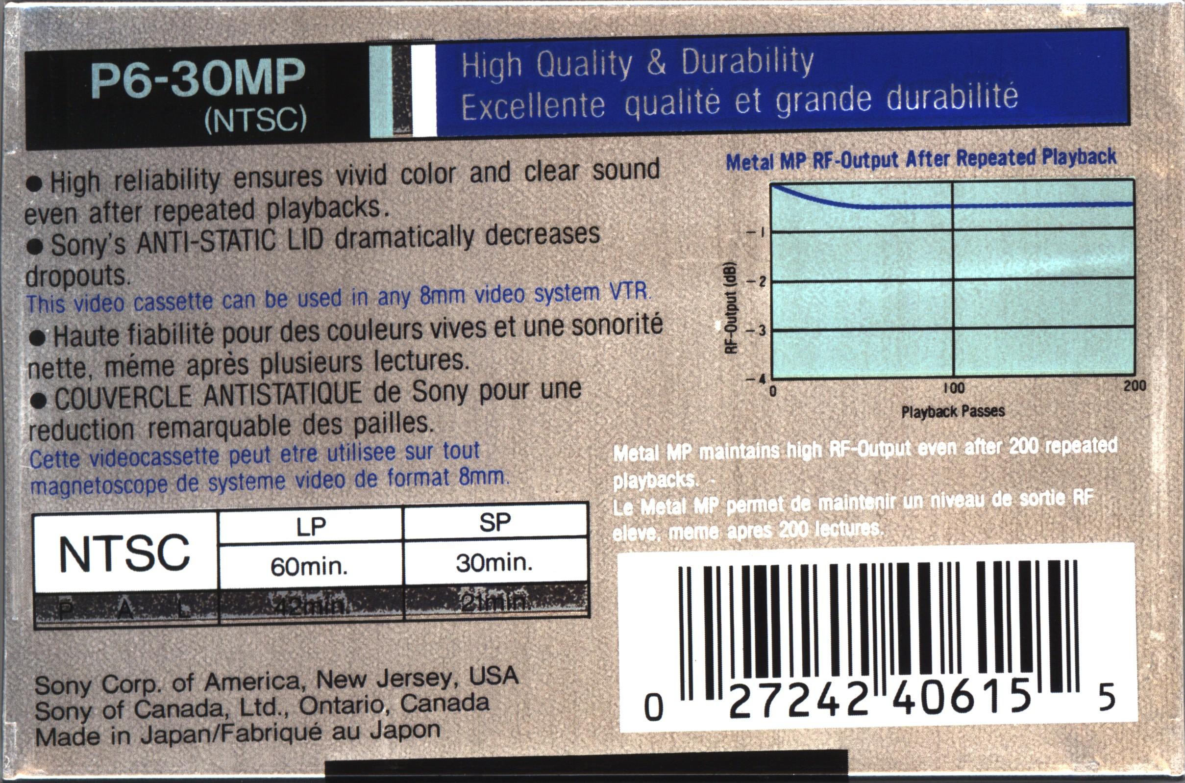 Video8, Hi8, Digital8 Sony MP 30 "Video8 P6-30MP" Type IV Metal 1992 North America