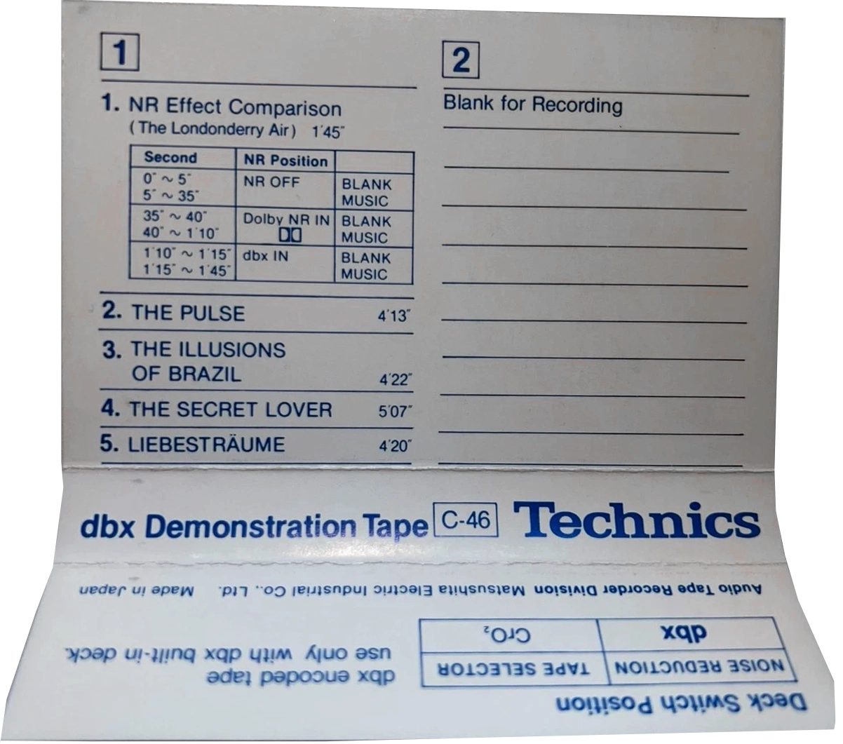 Compact Cassette Technics XA 46 "dbx" Demonstration Tape 1989 Japan