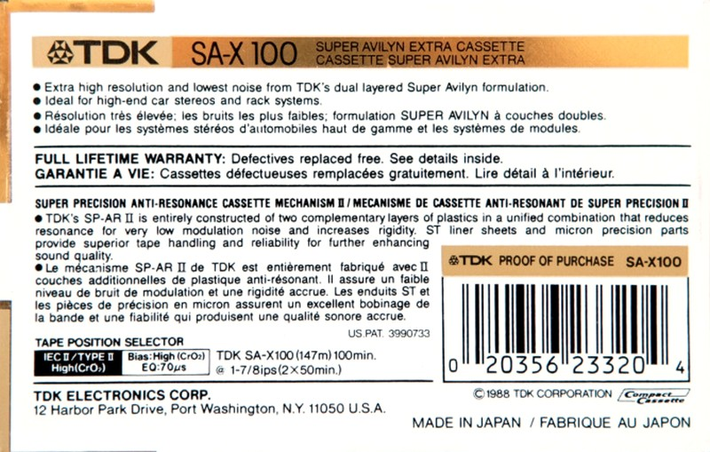 Compact Cassette TDK SA-X 100 Type II Chrome 1988 North America